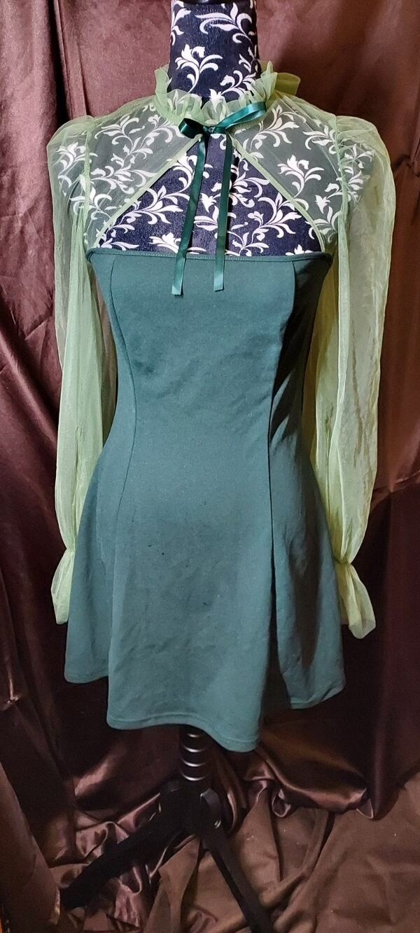 Shein Mesh Patchwork Sheath Green Princess Neck Tie Puff Sleeves Dress Size 6